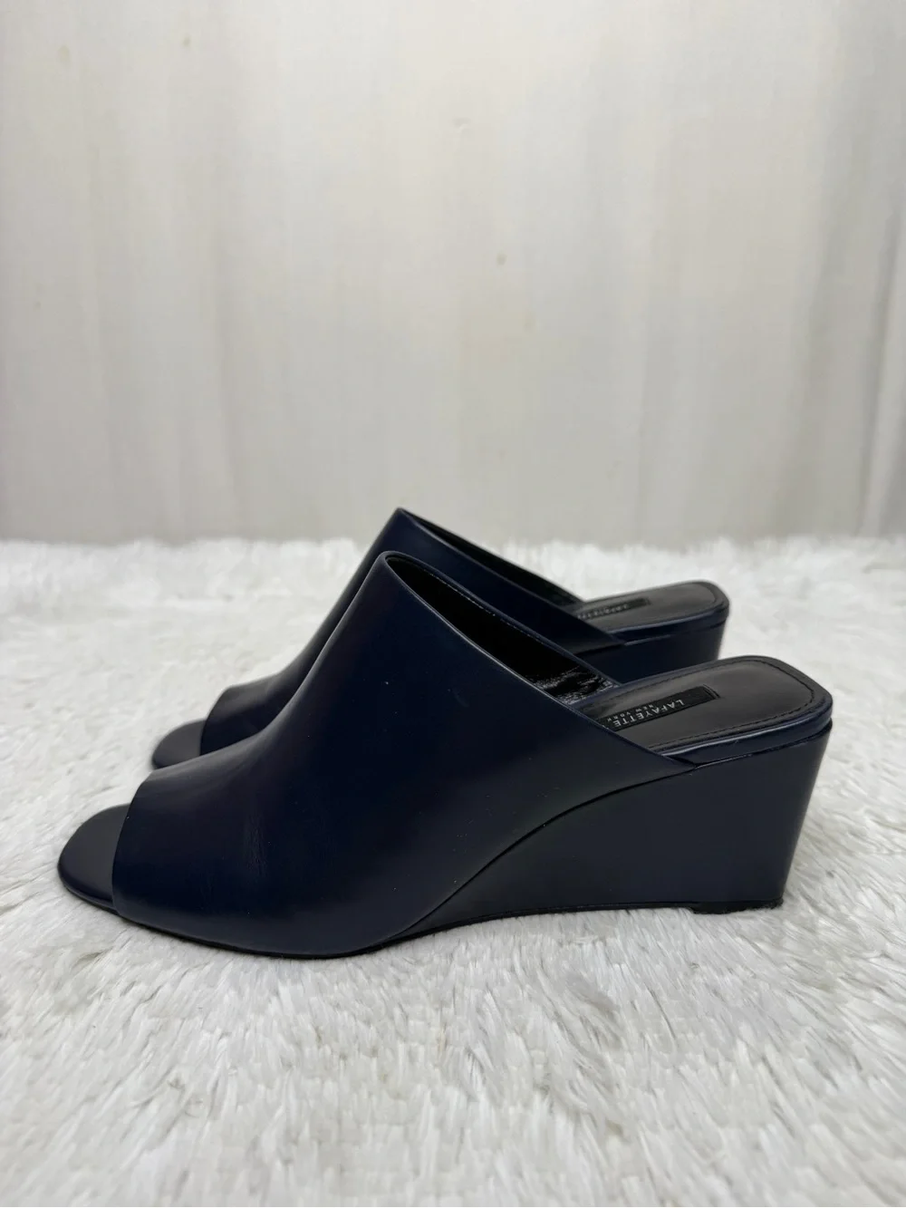 LAFAYETTE 148 / Hayvin navy blue leather slip on wedge mule heels / 8